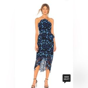 Elliatt Times dress blue strapless xs lace midi peplum
